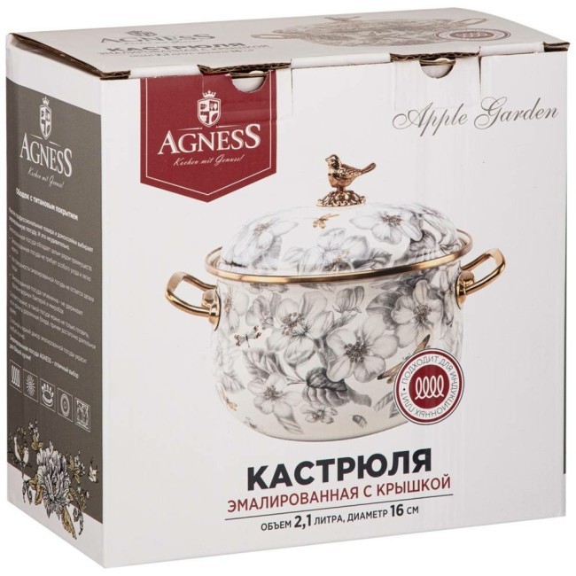 Кастрюля эмалированная agness с крышкой, серия яблоневый сад, 2,1л, диа.16см Agness (950-521)