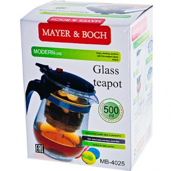 Чайник заварочный 0,5л дав/клап стекло/нерж/ст/пластик Mayer&Boch (4025)
