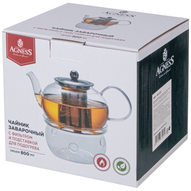 Чайник заварочный agness с фильтром из нжс и стекл. подставкой для подогрева 800 мл Agness (887-257) Чайник заварочный agness с фильтром из нжс и стекл. подставкой для подогрева 800 мл Agness (887-257)