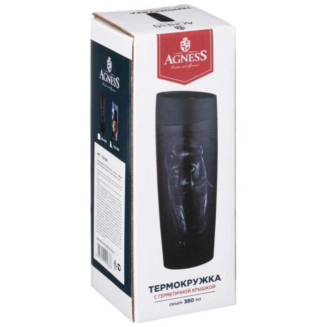Термокружка agness "черная пантера" с кнопкой-стоппером , 360мл колба нерж.сталь 18/10 Agness (709-085)