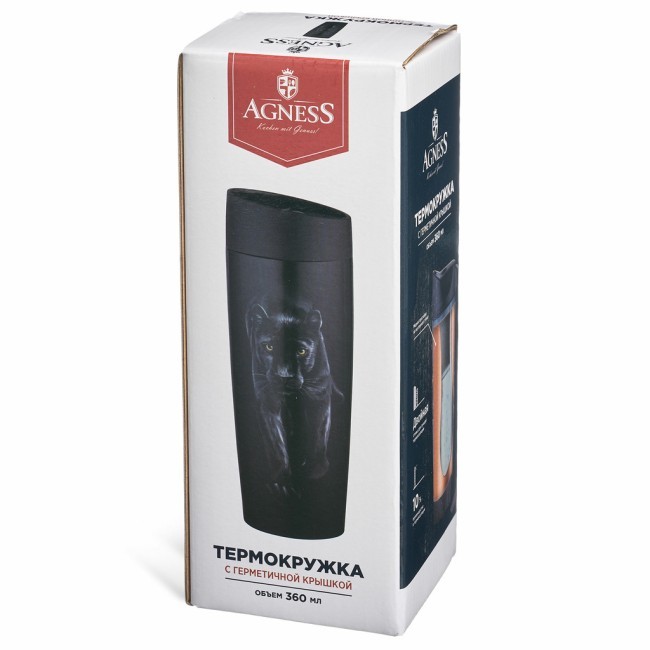 Термокружка agness "черная пантера" с кнопкой-стоппером , 360мл колба нерж.сталь 18/10 Agness (709-085)