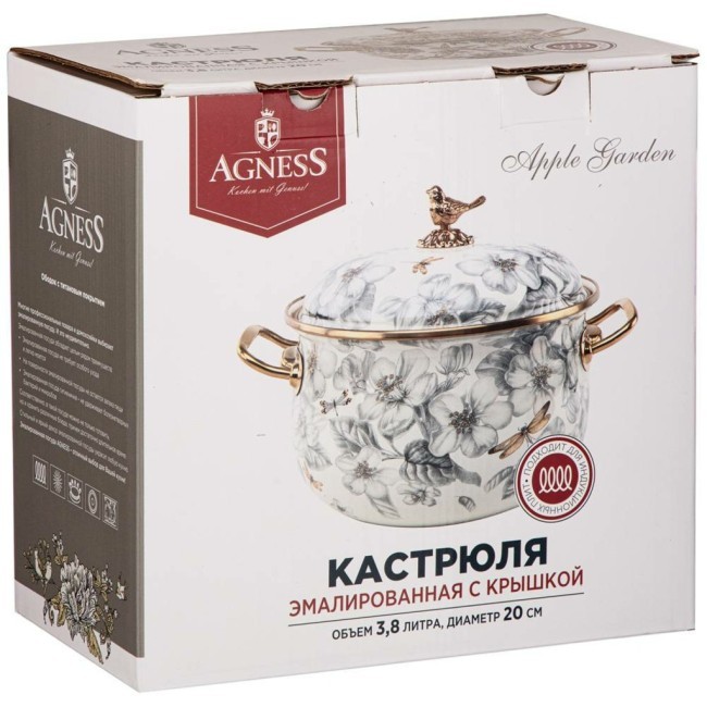 Кастрюля эмалированная agness с крышкой, серия яблоневый сад 3,8л, диа.20см подходит для индук.пл Agness (950-523)