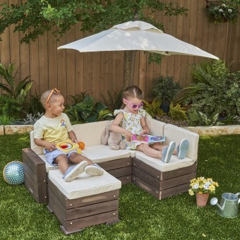 Набор садовой мебели для детей (секционный диван, пуф-стол, зонт), бежево-коричневый (20305_KE)