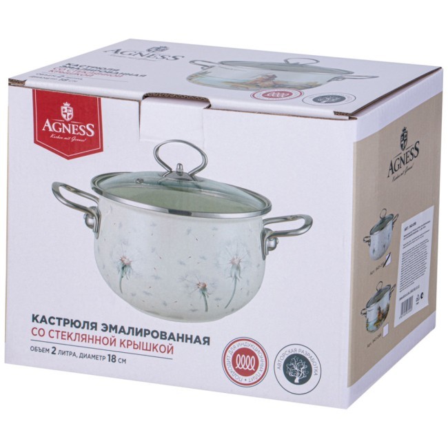 Кастрюля agness эмалированная со стеклянной крышкой серия "dandelion", 2,0 л диа. 18см Agness (943-056) Кастрюля agness эмалированная со стеклянной крышкой серия "dandelion", 2,0 л диа. 18см Agness (943-056)