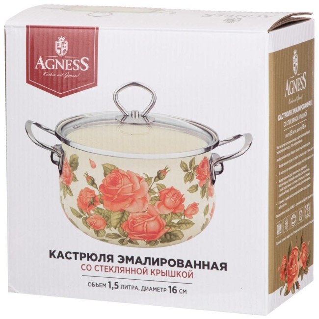 Кастрюля agness эмалированная со стекл. крышкой, серия "корейская роза"1.5 л, 16*10 см Agness (915-135) Кастрюля agness эмалированная со стекл. крышкой, серия "корейская роза"1.5 л, 16*10 см Agness (915-135)