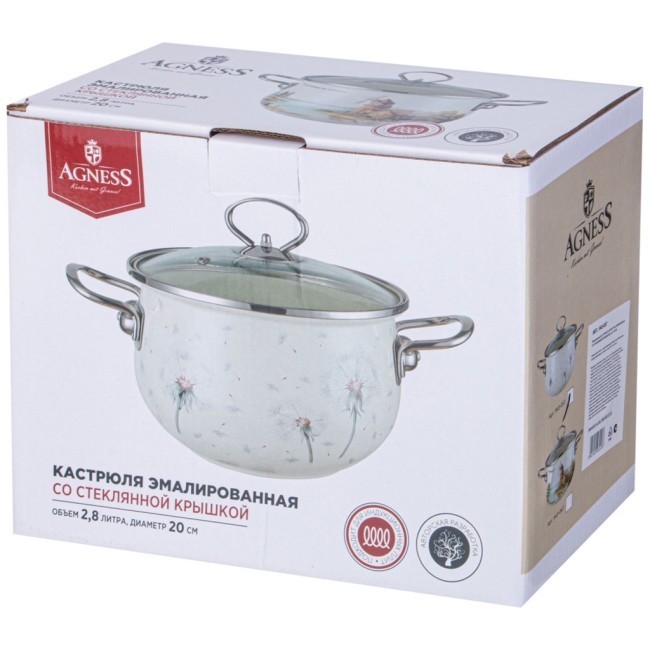 Кастрюля agness эмалированная со стеклянной крышкой серия "dandelion", 2,8 л диа. 20см Agness (943-057)