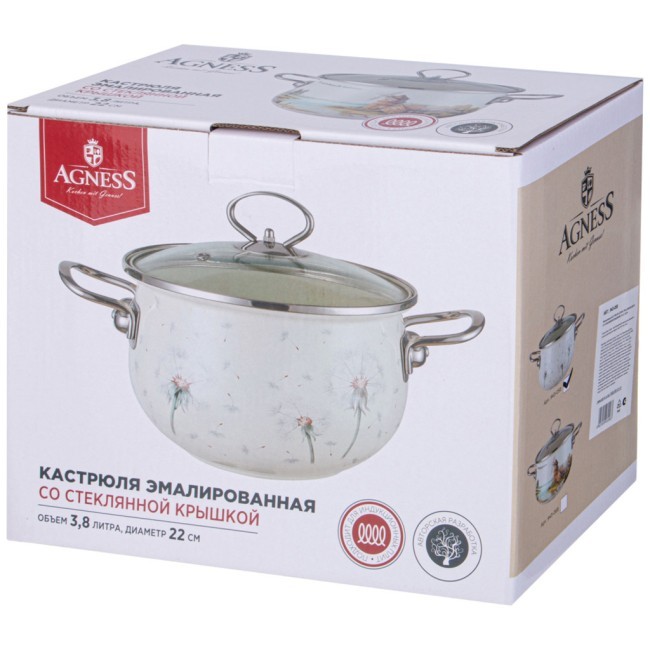 Кастрюля agness эмалированная со стеклянной крышкой серия "dandelion", 3,8 л диа. 22см Agness (943-058) Кастрюля agness эмалированная со стеклянной крышкой серия "dandelion", 3,8 л диа. 22см Agness (943-058)