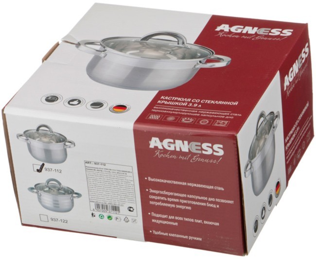 Кастрюля agness со стекл. крышкой, 3,7 л. 20*12,5 см, нерж.сталь, 5-ти слойное дно, индукция Agness (937-112)