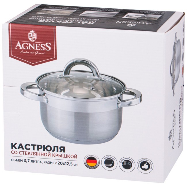 Кастрюля agness со стекл. крышкой, 3,7 л. 20*12,5 см, нерж.сталь, 5-ти слойное дно, индукция Agness (937-112)