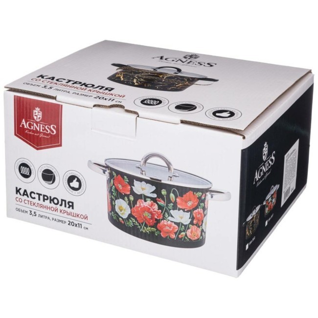 Кастрюля agness "маки" со стеклянной крышкой, нерж.сталь, 3,1л 20х11 см Agness (916-307)