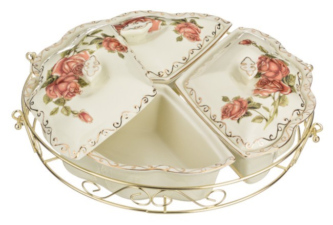 Менажница 3-х секционная "корейская роза" на металл.подставке диаметр=34 см. высота=8 см. Lefard (126-469) Менажница 3-х секционная "корейская роза" на металл.подставке диаметр=34 см. высота=8 см. Lefard (126-469)