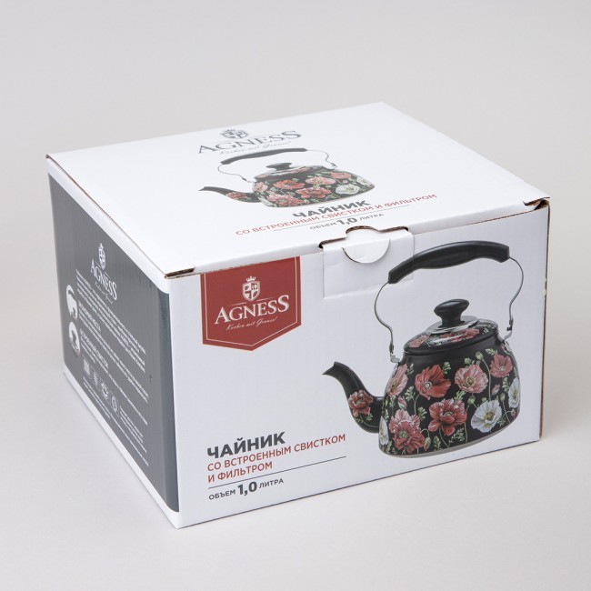 Чайник agness "белые маки" со встроенным свистком и фильтром 1000 мл Agness (916-435)