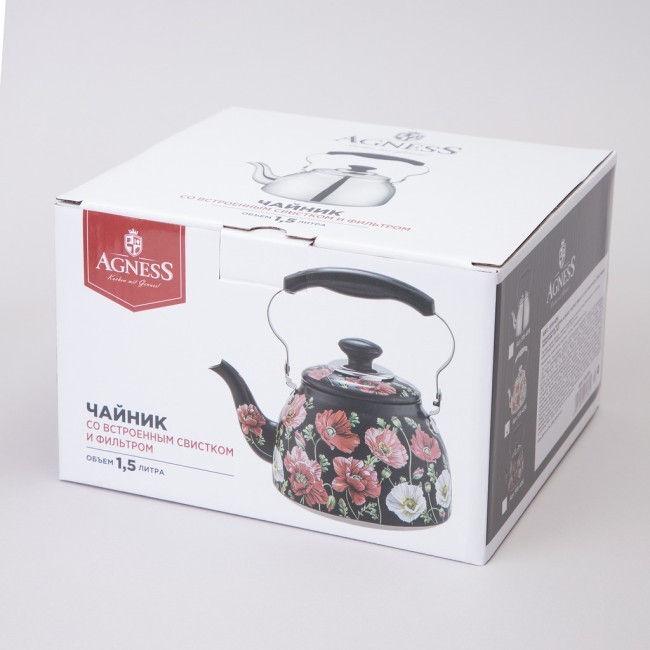 Чайник agness "белые маки" со встроенным свистком и фильтром 1500 мл Agness (916-436)