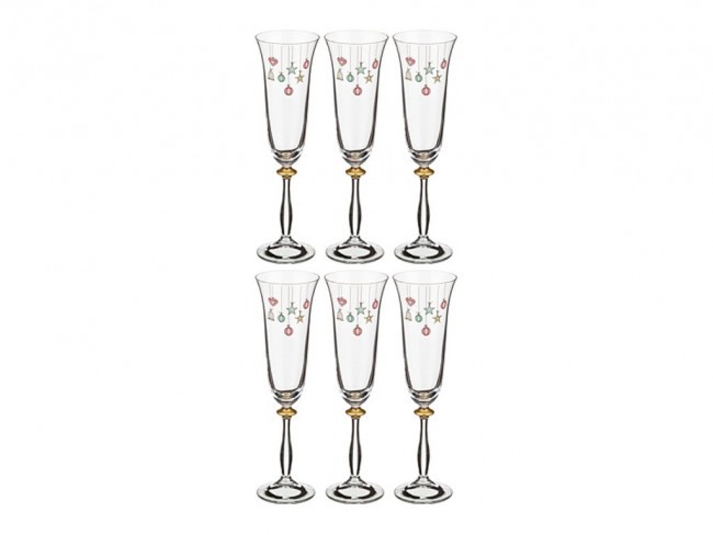 Набор бокалов для шампанского из 6 шт."елочные игрушки" 190 мл. высота=25 см. (кор=1набор.) Bohemia Crystal (674-475)