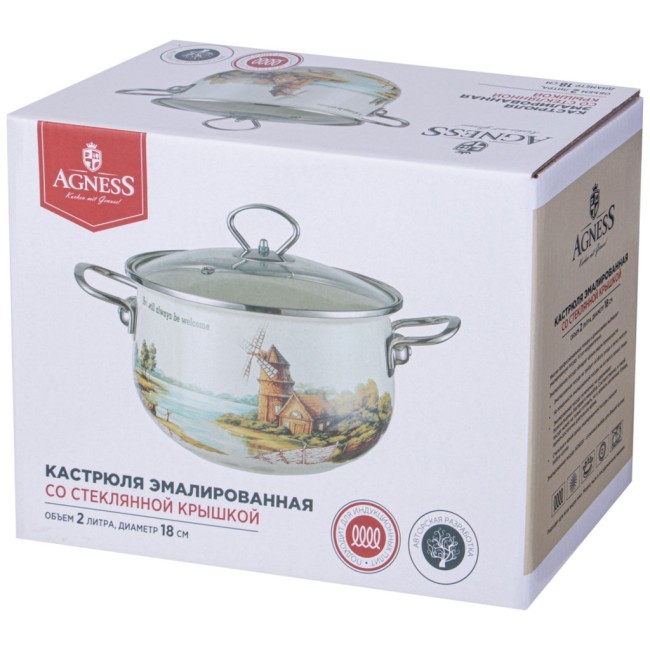 Кастрюля agness эмалированная со стеклянной крышкой серия "family house", 2 л диа.18см Agness (943-066) Кастрюля agness эмалированная со стеклянной крышкой серия "family house", 2 л диа.18см Agness (943-066)