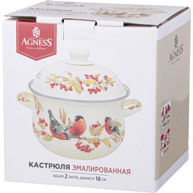 Кастрюля agness эмалированная с эмал.крышкой серия "снегири", 2.0 л, 18*11 см Agness (934-731)