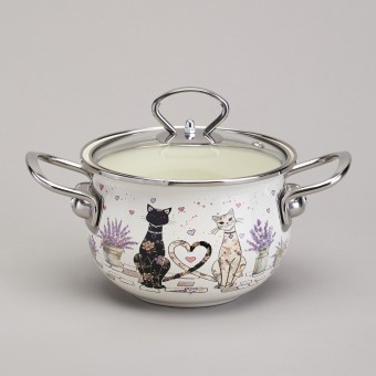 Кастрюля agness эмалированная со стеклянной крышкой серия "lavender cats", 1,5 л диа. 16см Agness (943-075)