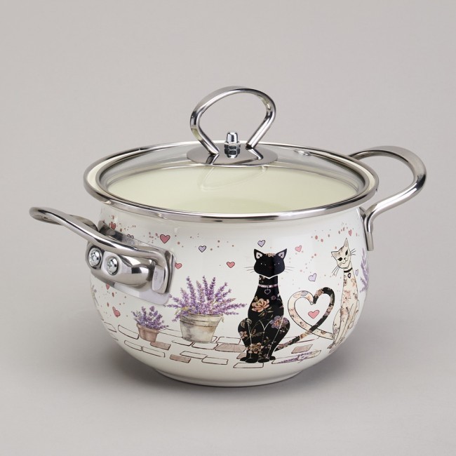 Кастрюля agness эмалированная со стеклянной крышкой серия "lavender cats", 1,5 л диа. 16см Agness (943-075)