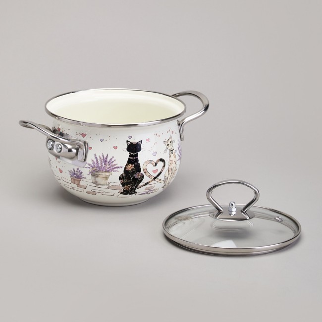 Кастрюля agness эмалированная со стеклянной крышкой серия "lavender cats", 1,5 л диа. 16см Agness (943-075)