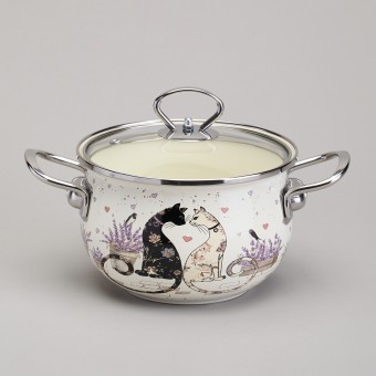 Кастрюля agness эмалированная со стеклянной крышкой серия "lavender cats", 2,0 л диа. 18см Agness (943-076)