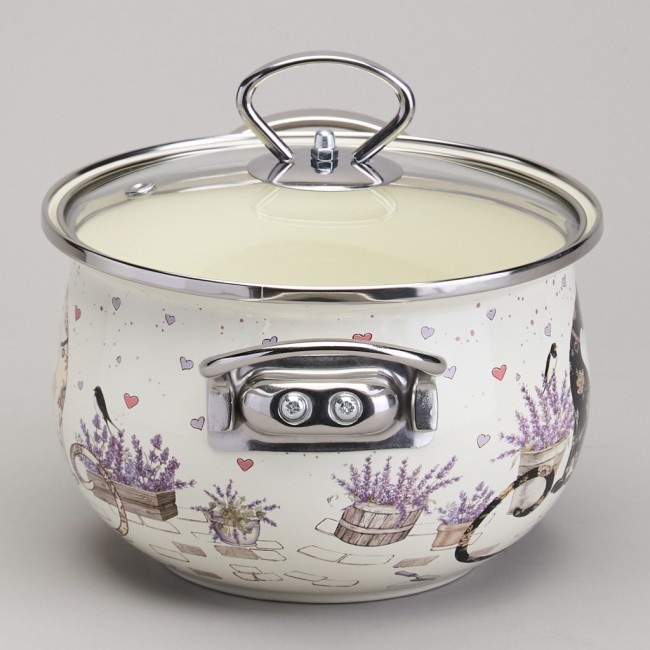 Кастрюля agness эмалированная со стеклянной крышкой серия "lavender cats", 2,0 л диа. 18см Agness (943-076)