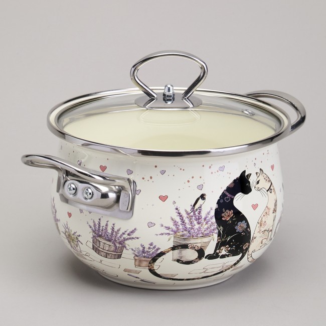 Кастрюля agness эмалированная со стеклянной крышкой серия "lavender cats", 2,0 л диа. 18см Agness (943-076)