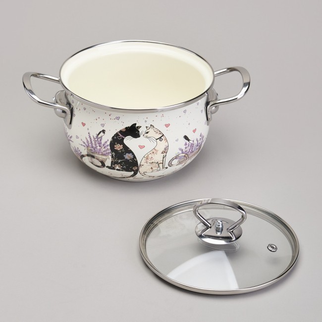 Кастрюля agness эмалированная со стеклянной крышкой серия "lavender cats", 2,0 л диа. 18см Agness (943-076)