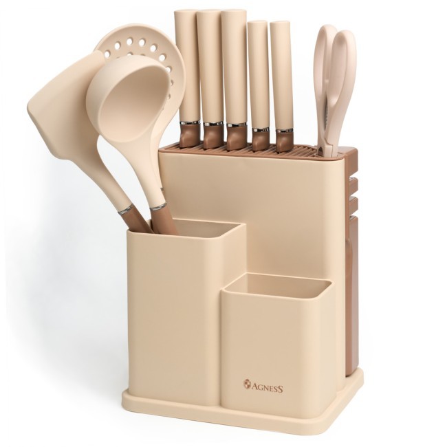 Набор agness из 11пр: 5 ножей,половник,лопатка,шумовка,подставка,ножеточка и ножницы, цвет: бежевый Agness (671-226) Набор agness из 11пр: 5 ножей,половник,лопатка,шумовка,подставка,ножеточка и ножницы, цвет: бежевый Agness (671-226)