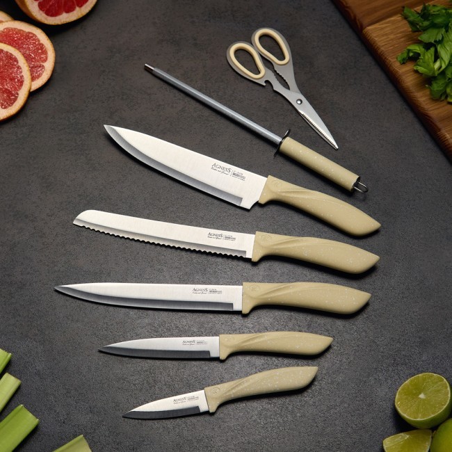 Набор ножей agness с ножницами и мусатом на пластиковой подставке, 8 предметов Agness (911-619) Набор ножей agness с ножницами и мусатом на пластиковой подставке, 8 предметов Agness (911-619)