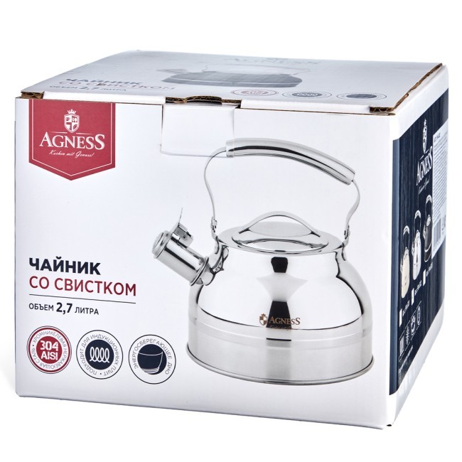 Чайник agness со свистком 2,7л, термоаккумулирующее дно, 304 сталь,  индукция Agness (914-302)