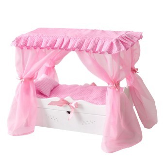 Кровать с выдвижным ящиком для кукол с постельным бельем и балдахином, цвет: белый (PFD120-61)