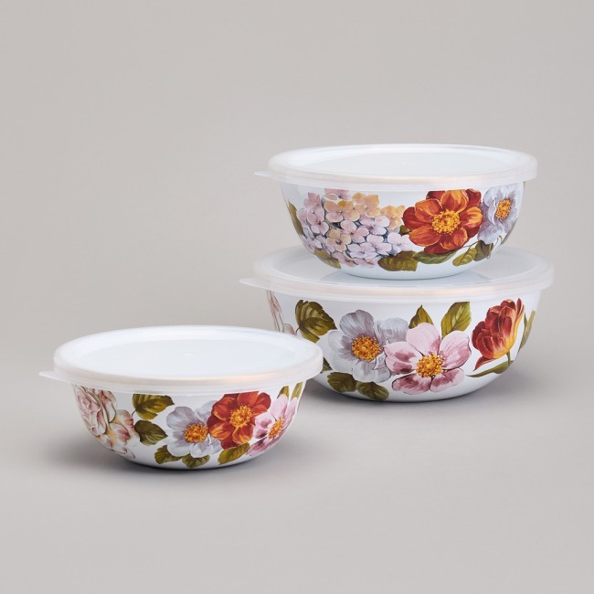 Набор мисок agness эмалированных с пластик.крышками, серия фландрия 6пр 0,6/0,9/1,3л диа. 14/16/18см Agness (950-595)