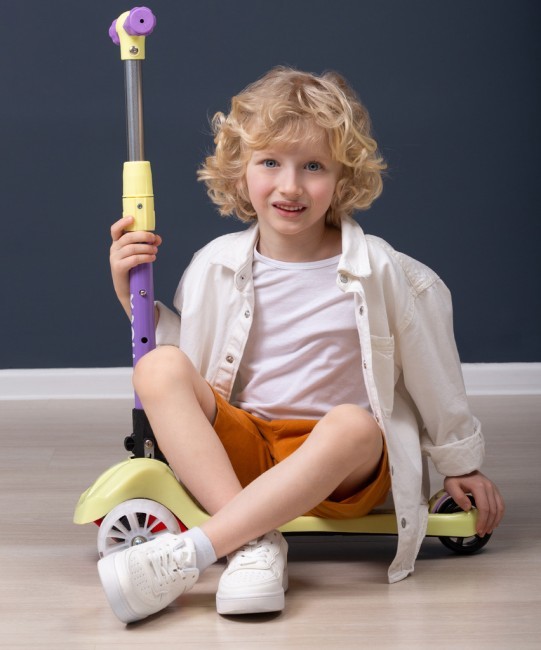 БЕЗ УПАКОВКИ Самокат 3-х колесный Juicy R, 120/80 мм, желтый/фиолетовый (2106806) БЕЗ УПАКОВКИ Самокат 3-х колесный Juicy R, 120/80 мм, желтый/фиолетовый (2106806)