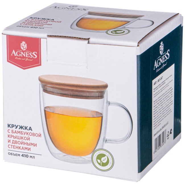 Кружка с двойными стенками "double-wall" 410 мл. с бамбук.крышкой Agness (887-247)