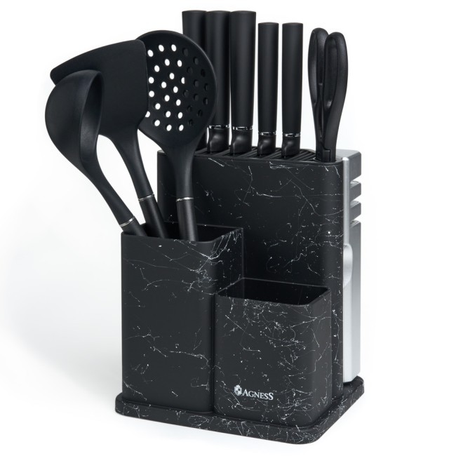 Набор agness из 11пр:5 ножей,половник,лопатка,шумовка,подставка,ножеточка,ножницы,черный мрамор/серы Agness (671-227)