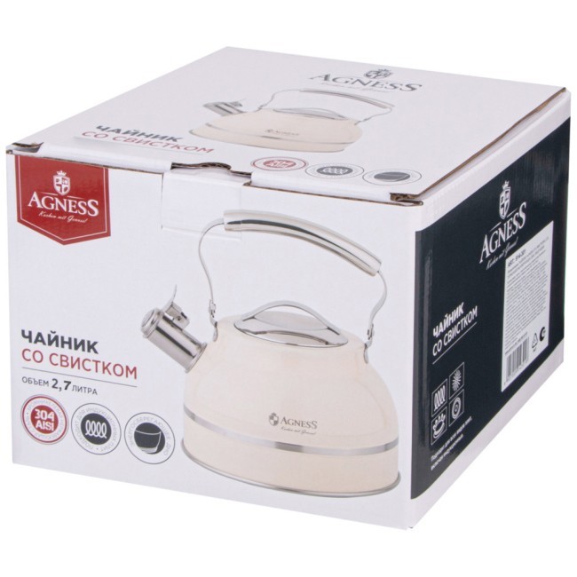Чайник agness со свистком 2,7л, термоаккумулирующее дно, 304 сталь, индукция Agness (914-301)