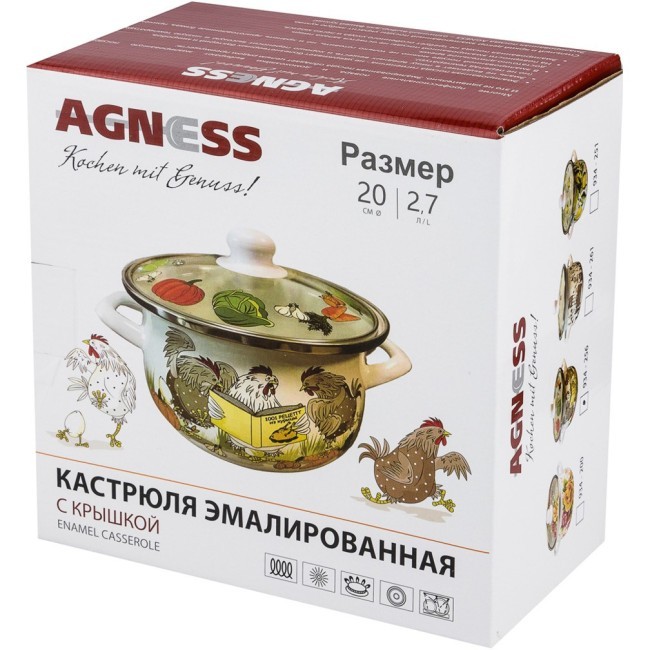 Кастрюля agness  эмалированная со стекл.крышкой 2,7 л, 20 х 12см Agness (934-261)