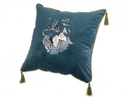 Декоративная подушка "кот" 45х45 см., бирюза , вышивка, 100%пэ SANTALINO (850-827-22)
