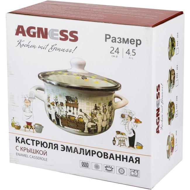 Кастрюля agness эмалированная со стекл. крышкой 4,5 л, 24х14см Agness (934-258) Кастрюля agness эмалированная со стекл. крышкой 4,5 л, 24х14см Agness (934-258)