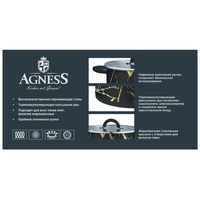 Кастрюля agness "маки" со стеклянной крышкой, нерж.сталь, 1,5л 16х9 см Agness (916-305)