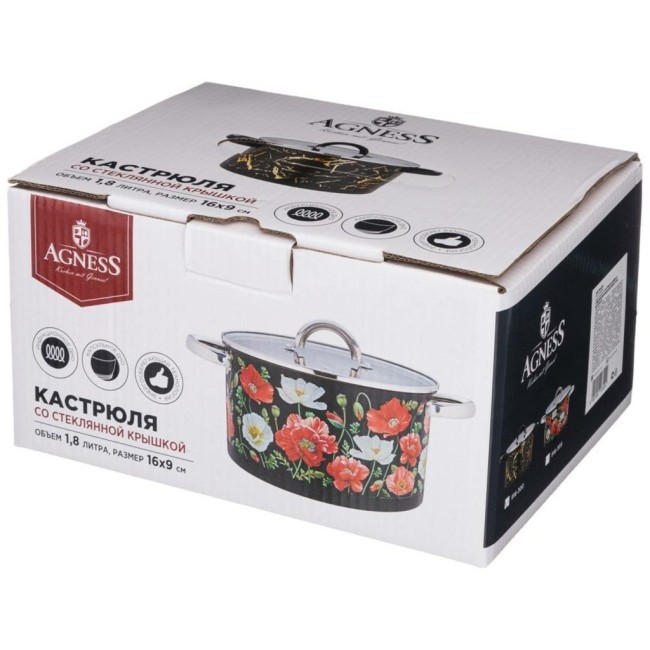 Кастрюля agness "маки" со стеклянной крышкой, нерж.сталь, 1,5л 16х9 см Agness (916-305)