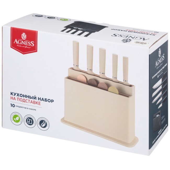 Набор agness из 10пр: 5 ножей, 4 доски и подставка, цвет: бежевый Agness (671-202) Набор agness из 10пр: 5 ножей, 4 доски и подставка, цвет: бежевый Agness (671-202)