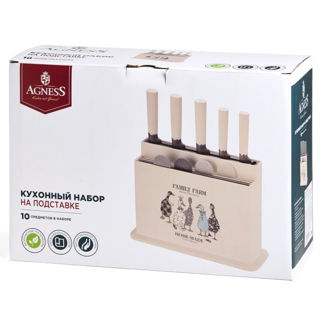 Набор agness из 10пр: 5 ножей, 4 доски и подставка, серия "family farm" Agness (671-223)