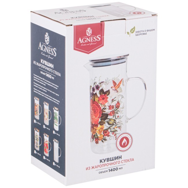 Кувшин agness  "винтаж.пионы" 1400 мл жаропрочное боросиликатное стекло Agness (887-101)