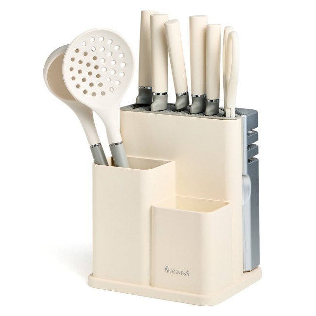 Набор agness из 11пр: 5 ножей,половник,лопатка,шумовка,подставка,ножеточка,ножницы, цвет:белый/серый Agness (671-225) Набор agness из 11пр: 5 ножей,половник,лопатка,шумовка,подставка,ножеточка,ножницы, цвет:белый/серый Agness (671-225)
