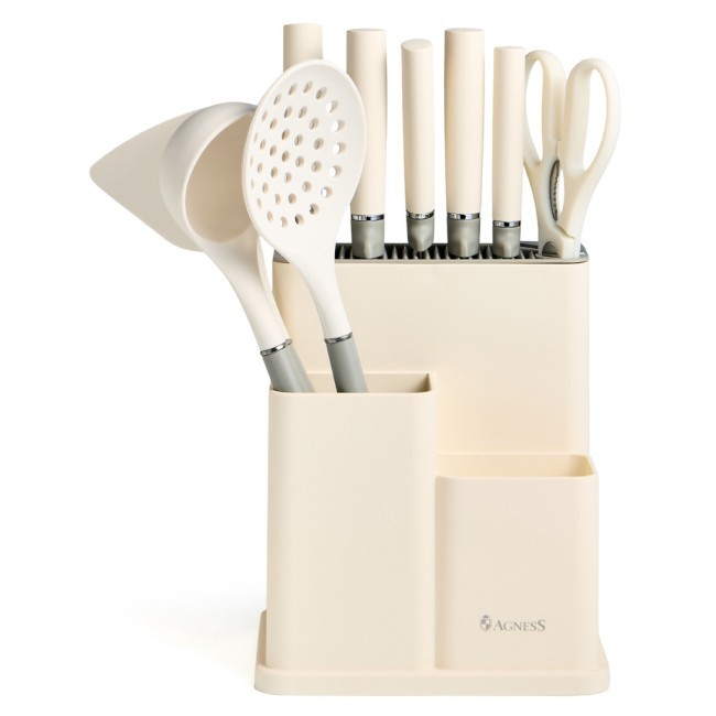 Набор agness из 11пр: 5 ножей,половник,лопатка,шумовка,подставка,ножеточка,ножницы, цвет:белый/серый Agness (671-225) Набор agness из 11пр: 5 ножей,половник,лопатка,шумовка,подставка,ножеточка,ножницы, цвет:белый/серый Agness (671-225)
