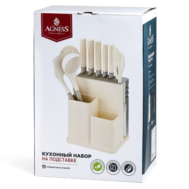 Набор agness из 11пр: 5 ножей,половник,лопатка,шумовка,подставка,ножеточка,ножницы, цвет:белый/серый Agness (671-225) Набор agness из 11пр: 5 ножей,половник,лопатка,шумовка,подставка,ножеточка,ножницы, цвет:белый/серый Agness (671-225)