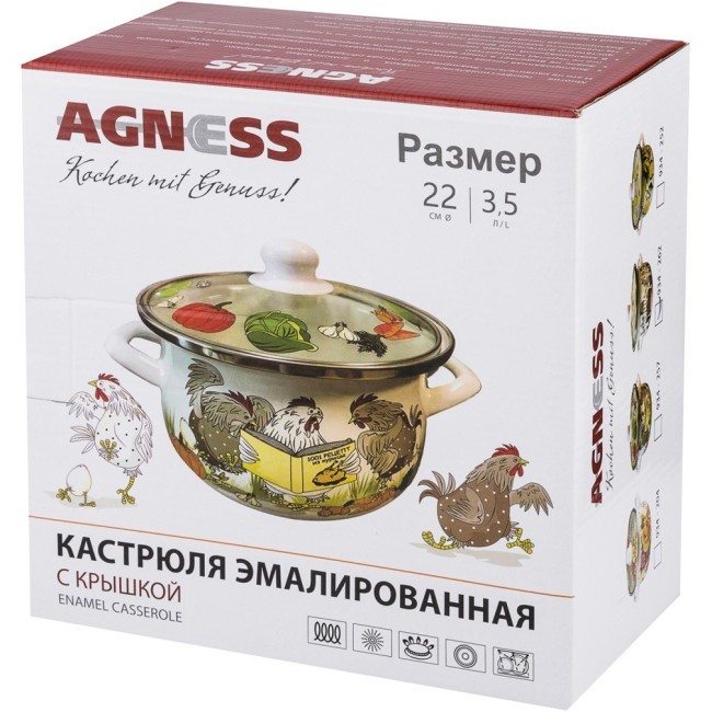 Кастрюля agness эмалированная со стекл. крышкой 3,5 л, 22х13см Agness (934-252)