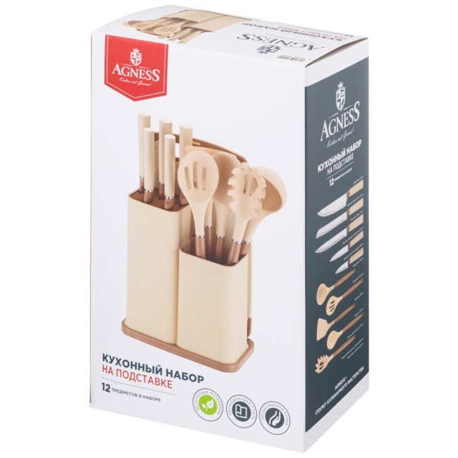 Набор agness из 12пр: 5 ножей,доска,подставка,половник,ложка,лопатка,шумовка,ложка для спагетти Agness (671-200)