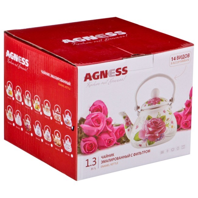 Чайник agness эмалированны со съемным фильтром из нжс, озорные коты, 1,3л, подходит для индукц. плит Agness (934-356)